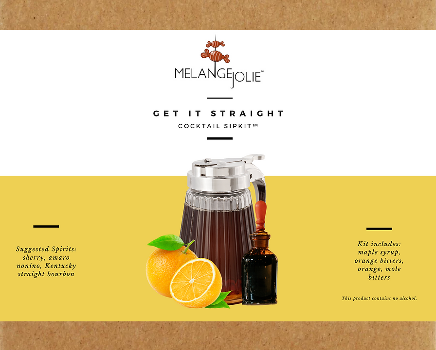 Mélange Jolie Get It Straight Cocktail SipKit™ with glass, bar spoon, cocktail sticks, maple syrup, dehydrated oranges, navel orange, and mole bitters.
